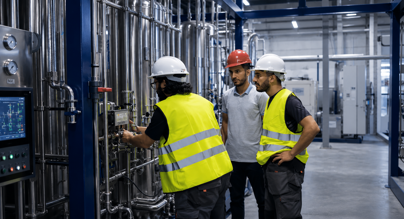 Équipe technique Gazmi contrôlant une installation de production